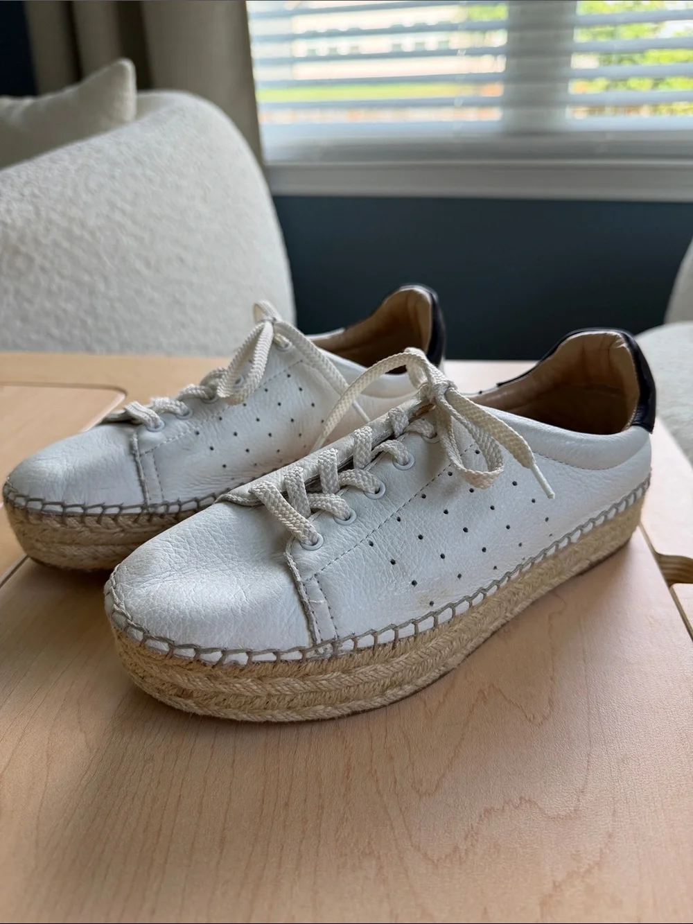 Vince Camuto White Leather Espadrille Platform Sneaker with Brown Heel Tab